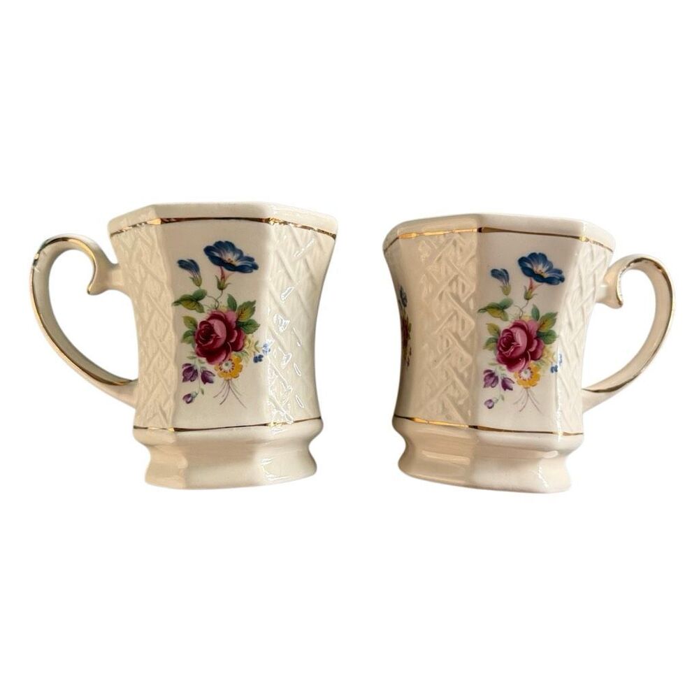 Vintage Sadler England Floral Octagonal Tea Coffee Cups Gold Trim - Set of (2)